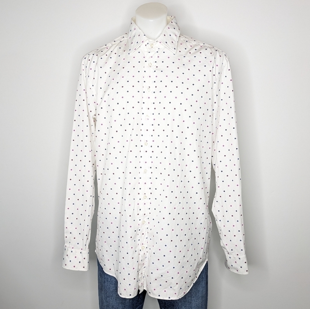 Etro white blue pink purple polka dot long sleeve button up shirt 44
